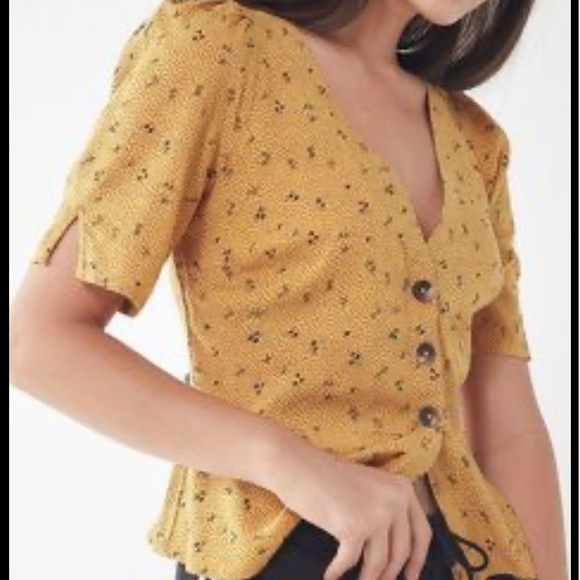 Urban outfitters yellow dainty floral peplum blouse, medium